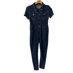 Nasty Gal Women Dark Wash Denim Short Sleeve Jumpsuit Boiler Suit Size 6